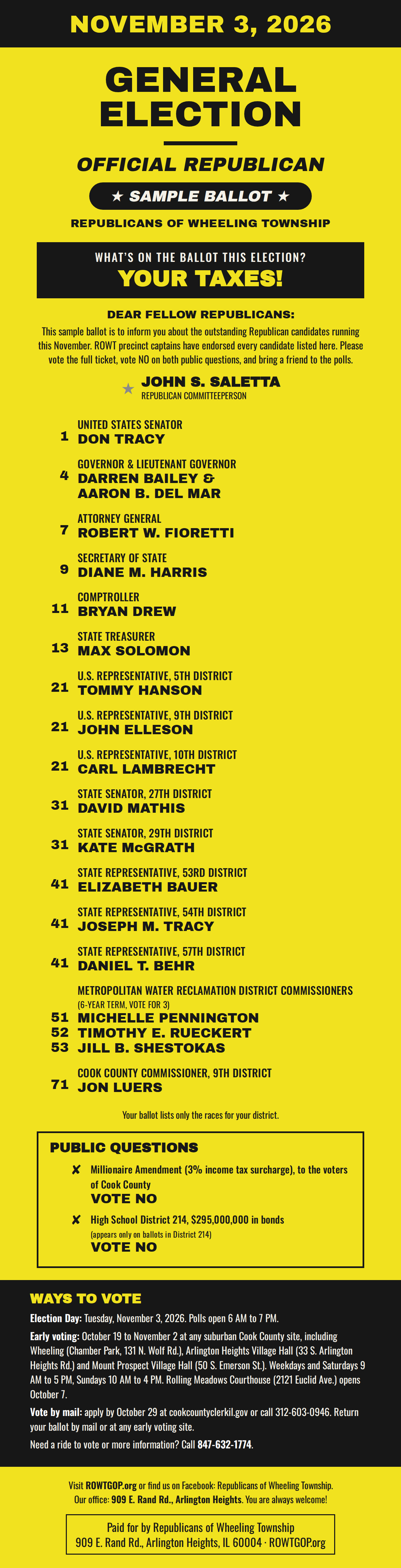 Official Republican sample ballot for Wheeling Township, November 3, 2026: Don Tracy for U.S. Senate (1); Darren Bailey and Aaron B. Del Mar for Governor and Lieutenant Governor (4); Robert W. Fioretti for Attorney General (7); Diane M. Harris for Secretary of State (9); Bryan Drew for Comptroller (11); Max Solomon for Treasurer (13); Tommy Hanson, John Elleson and Carl Lambrecht for U.S. Representative, 5th, 9th and 10th Districts (21); David Mathis and Kate McGrath for State Senator, 27th and 29th Districts (31); Elizabeth Bauer, Joseph M. Tracy and Daniel T. Behr for State Representative, 53rd, 54th and 57th Districts (41); Michelle Pennington, Timothy E. Rueckert and Jill B. Shestokas for Metropolitan Water Reclamation District (51, 52, 53); Jon Luers for Cook County Commissioner, 9th District (71). Vote NO on the Millionaire Amendment and the District 214 bond question. Early voting October 19 to November 2; vote by mail applications due October 29.
